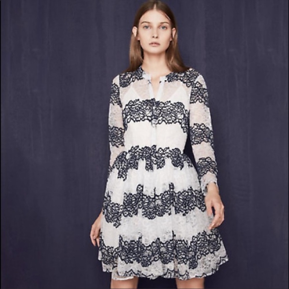 Maje Navy and White Lace dress with Sleeves Shortened